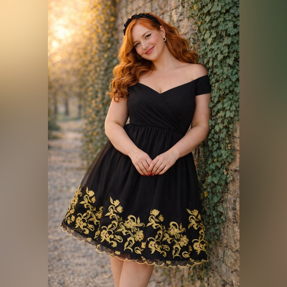 Torrid Retro Chic Black & Gold Embroidered Tulle Swing Dress, Size 14, NWT! - Picture 3 of 16